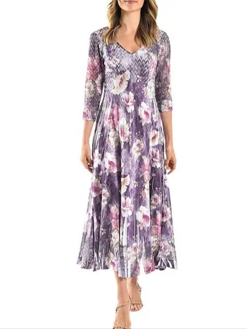 Komarov Morning Glory Floral Crinkle Pleated Midi Dress M Wedding Guest Made USA